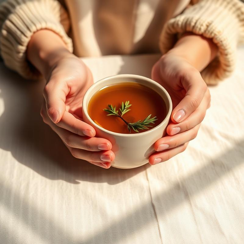 Hands holding a warm ceramic mug of tea in soft morning light