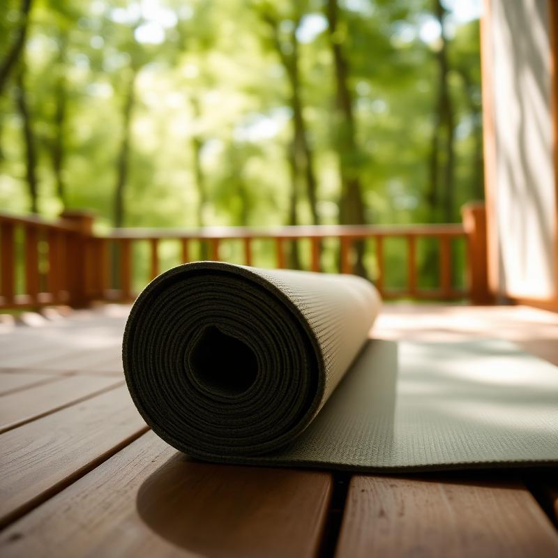 Yoga mat on a wooden deck surrounded by green trees