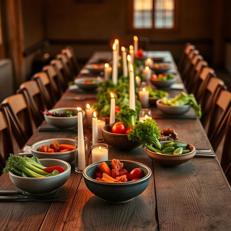 Long rustic table set with fresh seasonal vegetables and candles