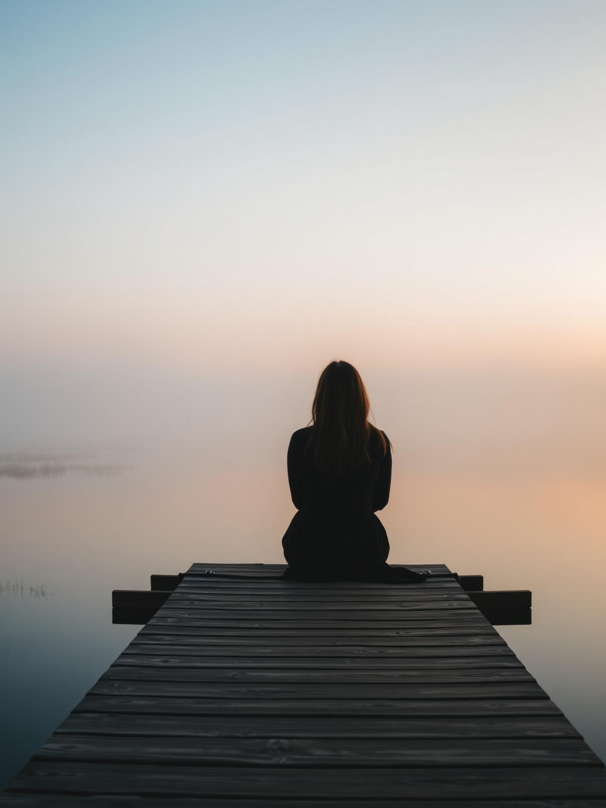 Woman sitting alone on a dock at a calm misty lake at dawn