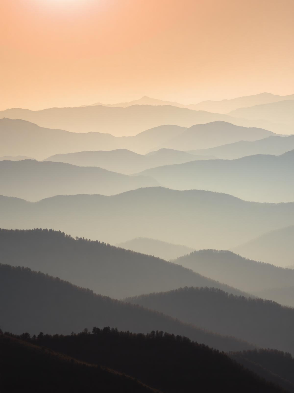 Hazy blue ridge mountains at sunrise